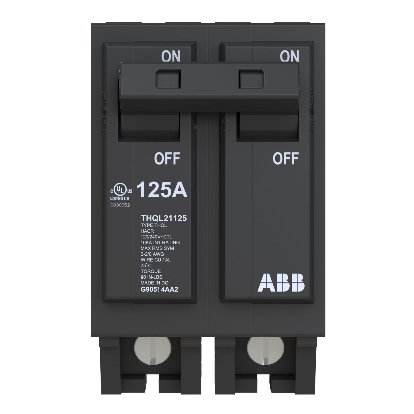 ABB Q-Line® THQL21125 Circuit Breaker • 125 Amp Double-Pole Breaker • 120/240 VAC • 10 kAIC Interrupt Rating • Thermal Magnetic Plug-On Breaker for Load Centers