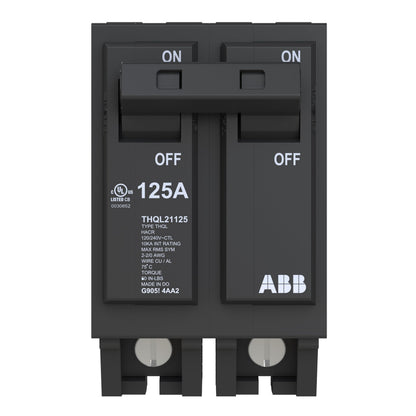 ABB Q-Line® THQL21125 Circuit Breaker • 125 Amp Double-Pole Breaker • 120/240 VAC • 10 kAIC Interrupt Rating • Thermal Magnetic Plug-On Breaker for Load Centers