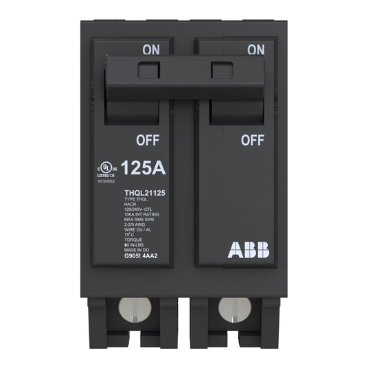 ABB Q-Line® THQL21125 Circuit Breaker • 125 Amp Double-Pole Breaker • 120/240 VAC • 10 kAIC Interrupt Rating • Thermal Magnetic Plug-On Breaker for Load Centers