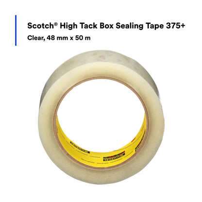 Scotch High Tack Box Sealing Tape 375+, Film Backing with Synthetic Rubber Adhesive, Clear Color, 48 mm x 50 m, 36/Case