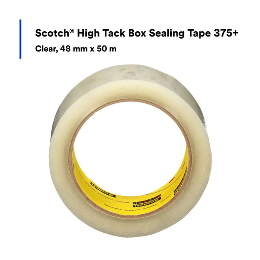 Scotch High Tack Box Sealing Tape 375+, Film Backing with Synthetic Rubber Adhesive, Clear Color, 48 mm x 50 m, 36/Case