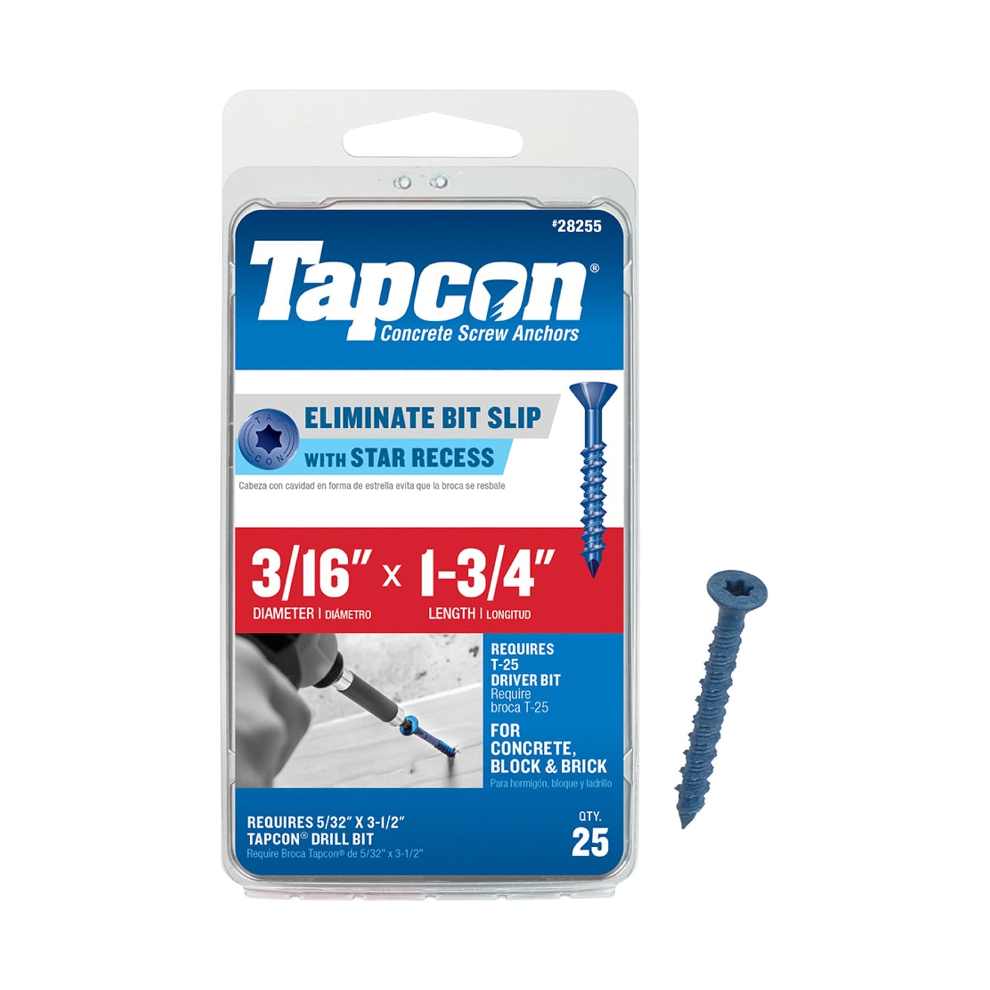 Tapcon 3/16 x 1-3/4 Inch Blue Climaseal® Star Head Concrete Anchors, 25 PCS, Corrosion Resistant Coating, Heavy-Duty Concrete and Masonry Screws, Superior Holding Strength, Drill Bit Sold Separately