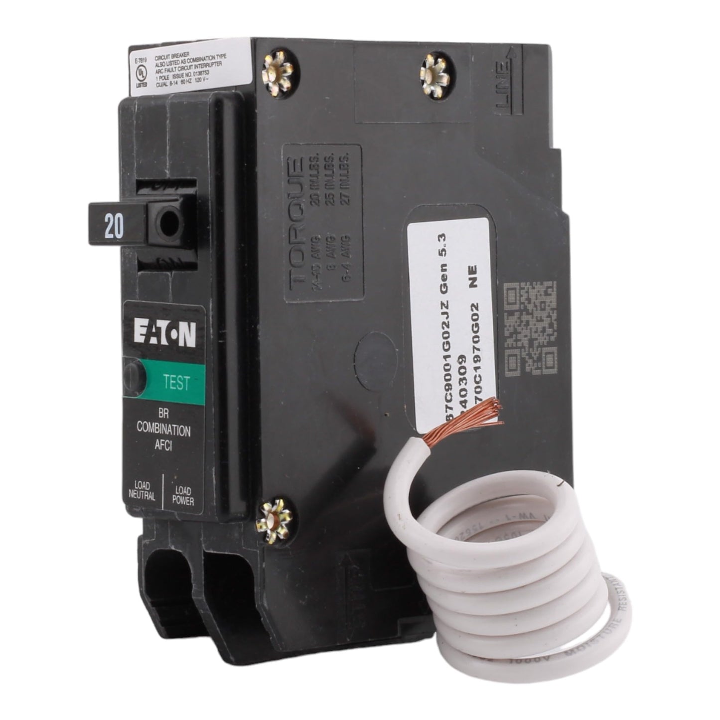 CUTLER-HAMMER BRN120AF 20 Amp Single Pole Arc Fault Circuit Breaker - 120 Volt, Pigtail Neutral, UL Listed (1)