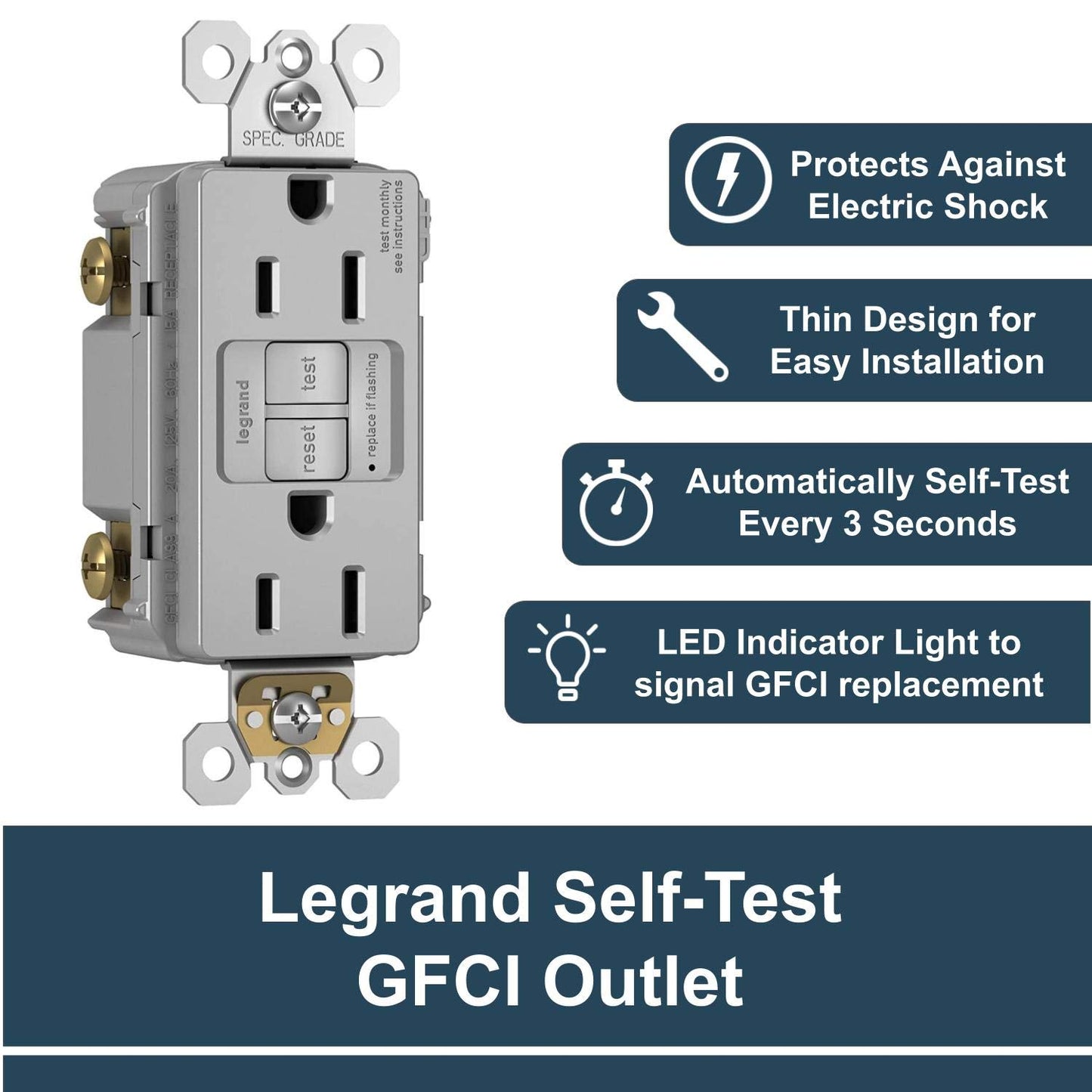 Legrand Radiant 15 Amp GFCI Self-Test Decorator Duplex Electrical Wall Outlet, Power Outlet with Trip Indicator, 1597GRYCCD12, Gray, 1 Count