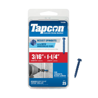 Tapcon 3/16 x 1-1/4 Inch Blue Climaseal Hex Head Concrete Anchors, 25 PCS, Corrosion Resistant Coating, Heavy-Duty Concrete and Masonry Screws, Superior Holding Strength, Drill Bit Sold Separately