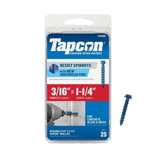 Tapcon 3/16 x 1-1/4 Inch Blue Climaseal Hex Head Concrete Anchors, 25 PCS, Corrosion Resistant Coating, Heavy-Duty Concrete and Masonry Screws, Superior Holding Strength, Drill Bit Sold Separately