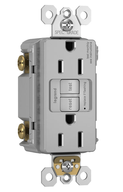 Legrand Radiant 15 Amp GFCI Self-Test Decorator Duplex Electrical Wall Outlet, Power Outlet with Trip Indicator, 1597GRYCCD12, Gray, 1 Count