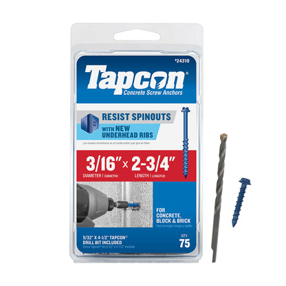Tapcon 3/16 x 2-3/4 Inch Blue Climaseal Hex Head Concrete Anchors, 75 PCS, Corrosion Resistant Coating, Heavy-Duty Concrete and Masonry Screws, Superior Holding Strength, Drill Bit Included