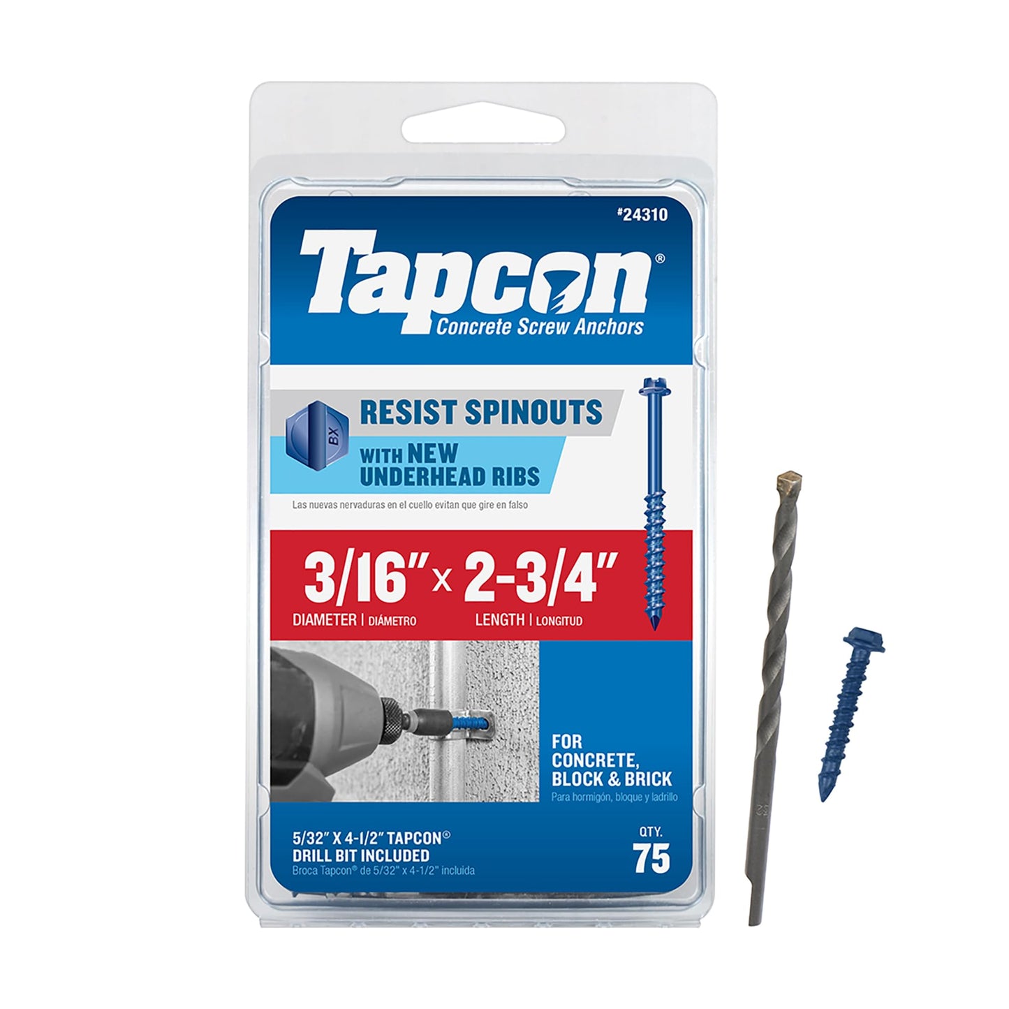 Tapcon 3/16 x 2-3/4 Inch Blue Climaseal® Hex Head Concrete Anchors, 75 PCS, Corrosion Resistant Coating, Heavy-Duty Concrete and Masonry Screws, Superior Holding Strength, Drill Bit Included