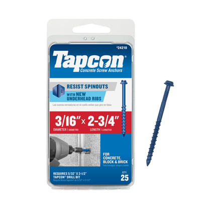 Tapcon 3/16 x 2-3/4 Inch Blue Climaseal Hex Head Concrete Anchors, 25 PCS, Corrosion Resistant Coating, Heavy-Duty Concrete and Masonry Screws, Superior Holding Strength, Drill Bit Sold Separately