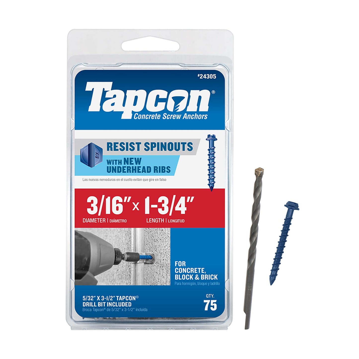 Tapcon 3/16 x 1-3/4 Inch Blue Climaseal Hex Head Concrete Anchors, 75 PCS, Corrosion Resistant Coating, Heavy-Duty Concrete and Masonry Screws, Superior Holding Strength, Drill Bit Included