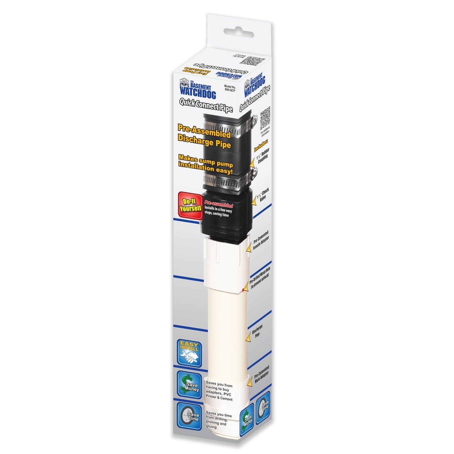 THE BASEMENT WATCHDOG Model BW-QCP Quick Connect Pipe - Pre-Assembled Discharge Pipe Makes Sump Pump Installation Quick and Easy