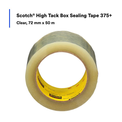 3M Scotch High Tack Box Sealing Tape 375+, Film Backing with Synthetic Rubber Adhesive, Clear Color, 72 mm x 50 m, 24/Case