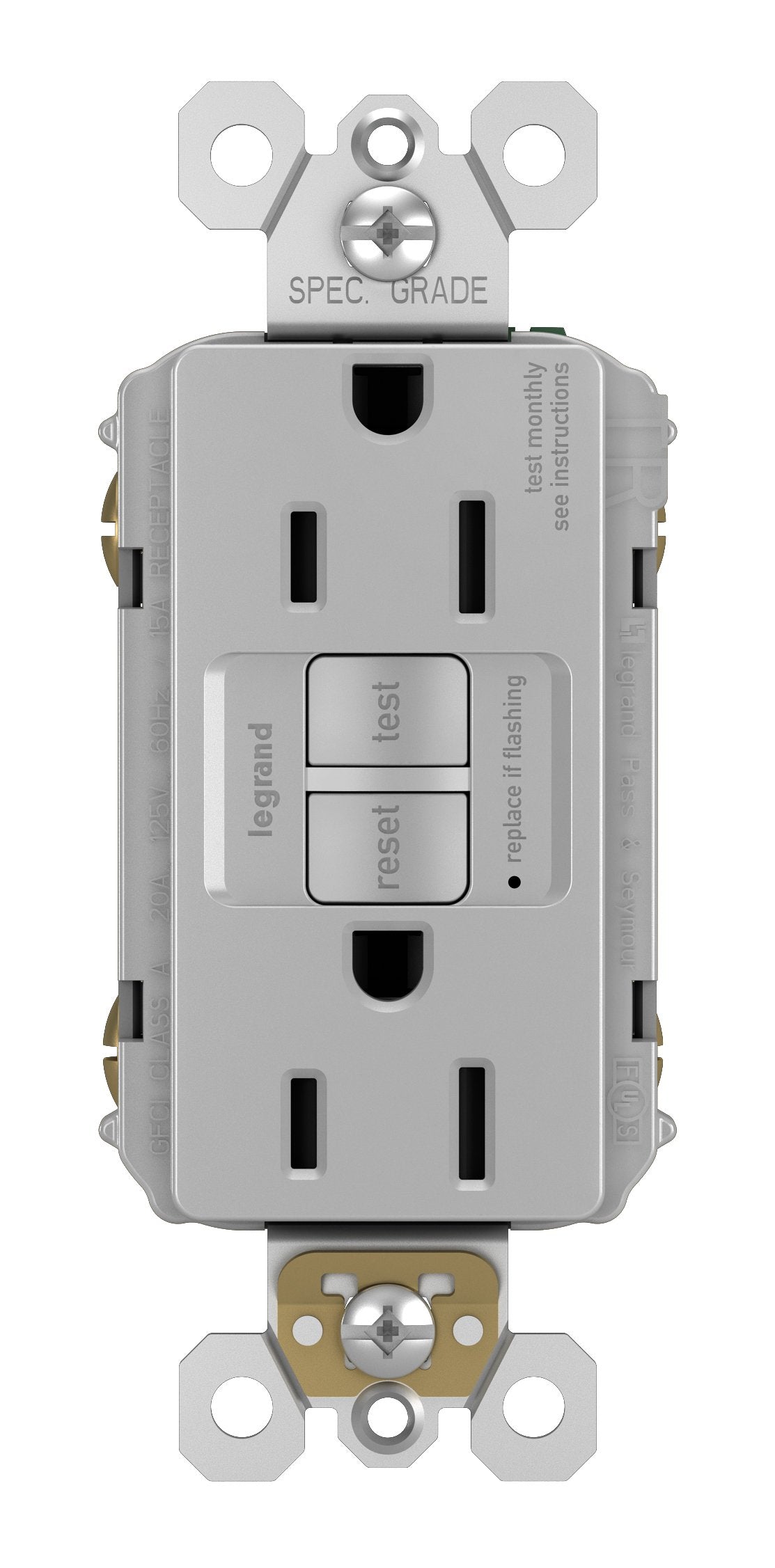Legrand Radiant 15 Amp GFCI Self-Test Decorator Duplex Electrical Wall Outlet, Power Outlet with Trip Indicator, 1597GRYCCD12, Gray, 1 Count