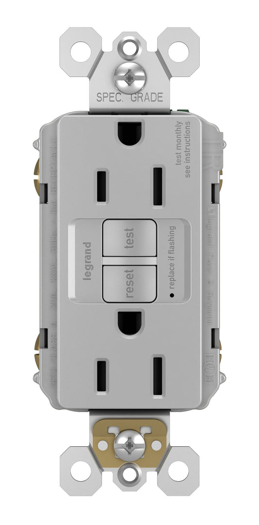 Legrand Radiant 15 Amp GFCI Self-Test Decorator Duplex Electrical Wall Outlet, Power Outlet with Trip Indicator, 1597GRYCCD12, Gray, 1 Count