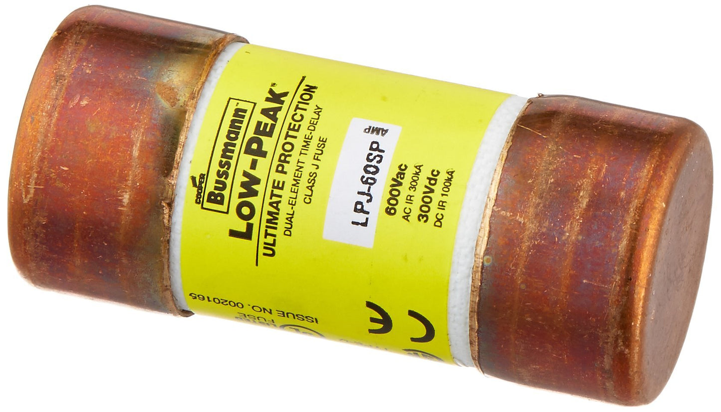 Eaton Bussmann LPJ-60SP Class J Fuse, LPJ, Time-delay, Dual-Element Current Limiting Fuse, 60 A, Interrupt Rating 300 kA at 600 Vac, 100 kA at 300 Vdc