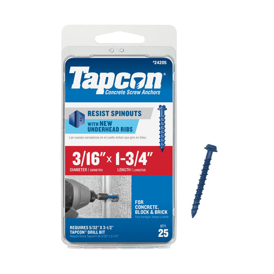 Tapcon 3/16 x 1-3/4 Inch Blue Climaseal Hex Head Concrete Anchors, 25 PCS, Corrosion Resistant Coating, Heavy-Duty Concrete and Masonry Screws, Superior Holding Strength, Drill Bit Sold Separately