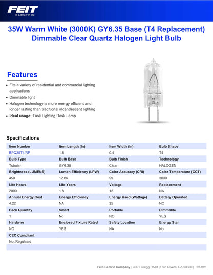 Feit Electric 35W T4 Halogen Light Bulb, Clear Quartz, 120V, 3000K Warm White, 450 Lumens, Dimmable, Bi-Pin Base, Under Cabinet, Desk Lamp, Enclosed Fixture Use, 2,000-Hour Lifetime, BPQ35T4/RP