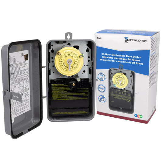 Intermatic T104R 24 Hour Mechanical Timer Switch - 208277 VAC, DPST, Type 3R Indoor/Outdoor Metal Enclosure, Heavy-Duty, Manual Override, 40 Amp  Ideal for Lights, Pumps, Fans, and HVAC Systems