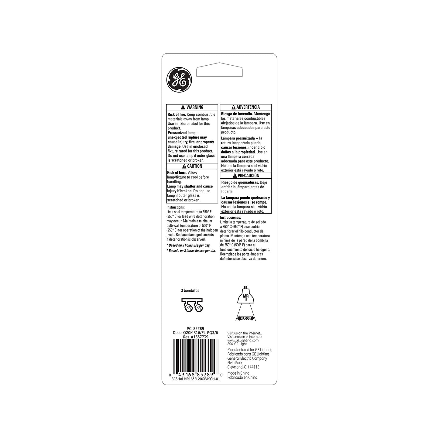 GE 85289 20-Watt Track and Recessed MR16 Halogen Light Bulb, Clear, 3-Pack