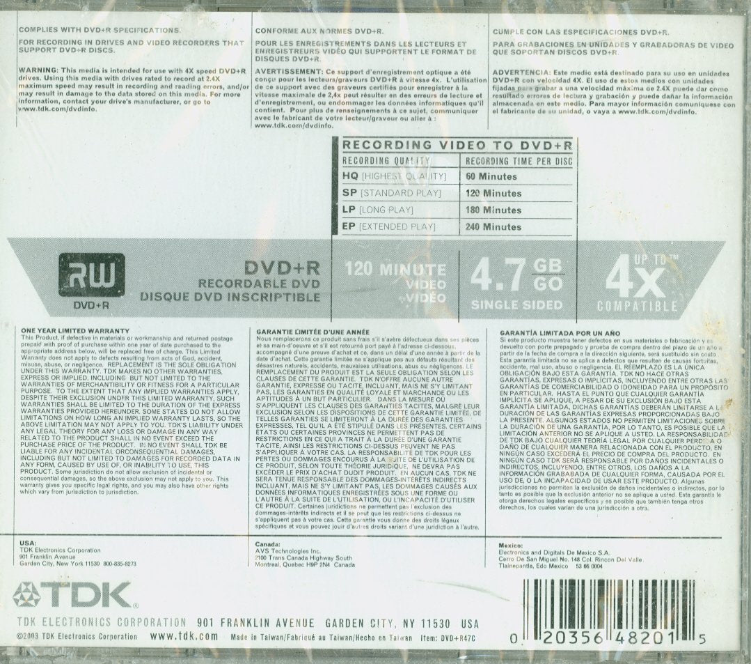 TDK Systems DVD+R 4.7GB 4X 1PK (DVD+R47CBX)