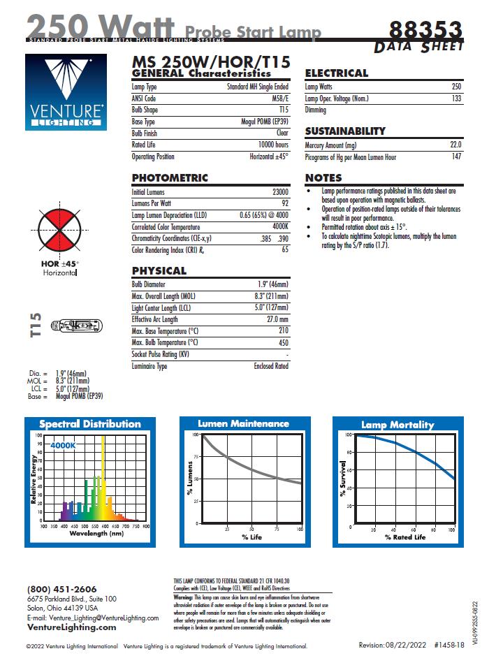 Venture Lighting UMH-250W/HOR/T15 MS 250W/HOR/T15 250 Watt Probe Start Lamp 88353