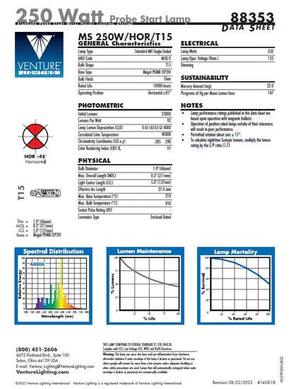 Venture Lighting UMH-250W/HOR/T15 MS 250W/HOR/T15 250 Watt Probe Start Lamp 88353