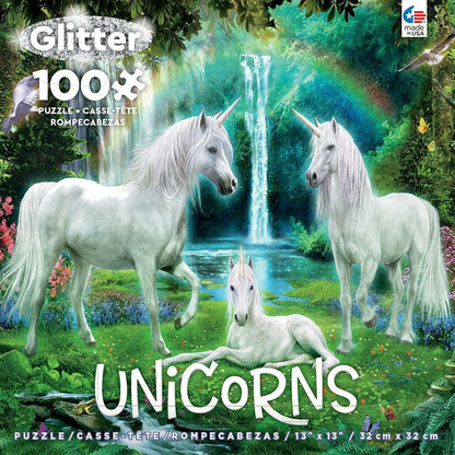 Ceaco - Unicorns Glitter -Rainbow Unicorn Family - 100 Piece Jigsaw Puzzle