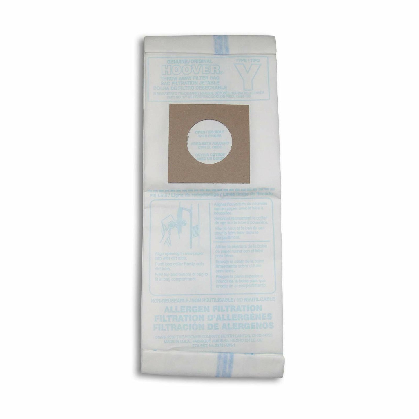 Hoover Type Y Allergen Bags, for WindTunnel Vacuum Cleaners, 3-Pack, 4010100Y, White