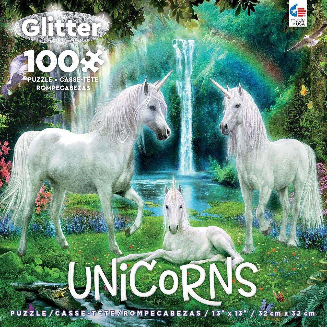 Ceaco - Unicorns Glitter -Rainbow Unicorn Family - 100 Piece Jigsaw Puzzle
