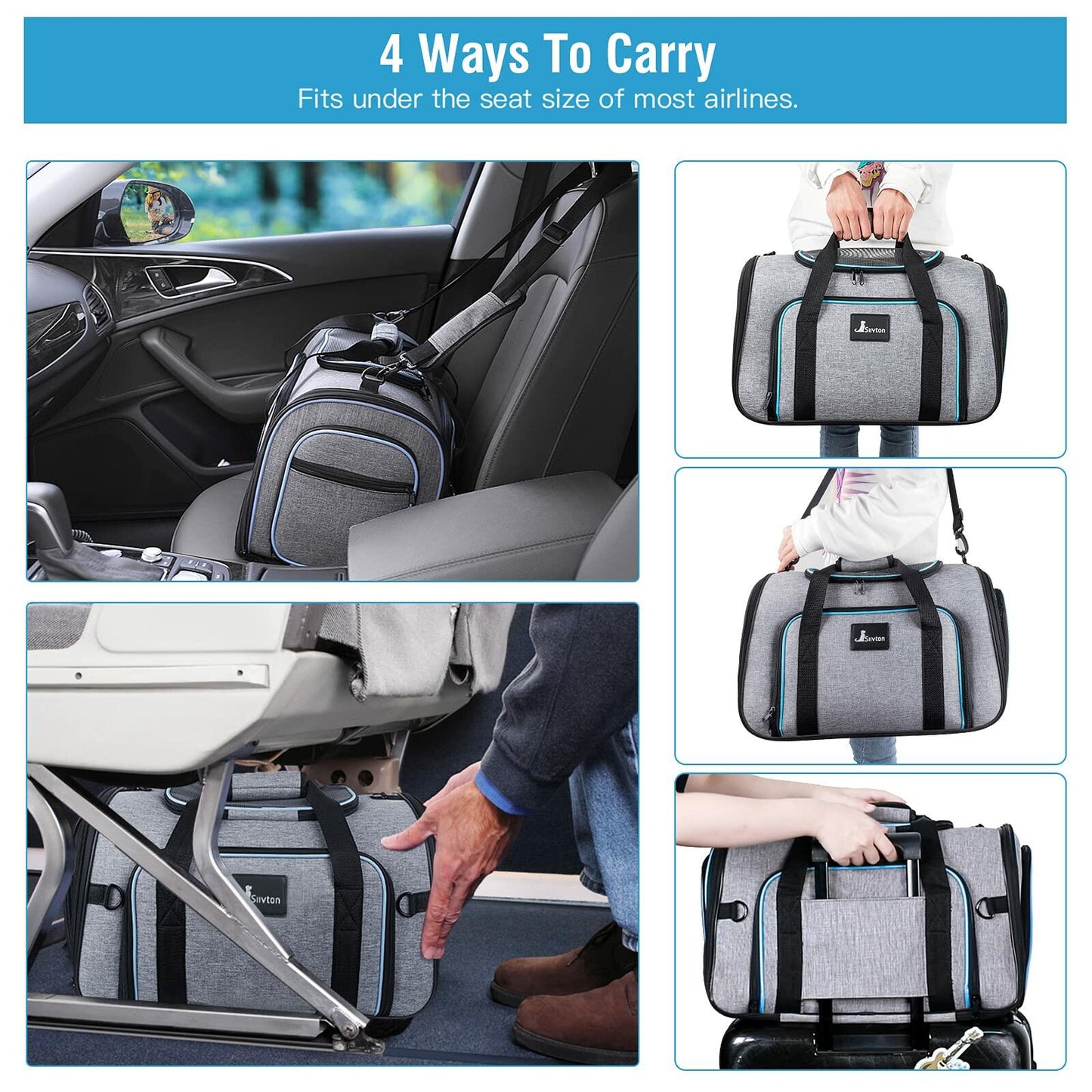 Siivton 4 Way Expandable Pet Carrier, Airline Approved Collapsible Cat Soft-Sided Carriers W/Removable Fleece Pad for Cats, Puppy, Small Dogs (18"x 11"x 11")