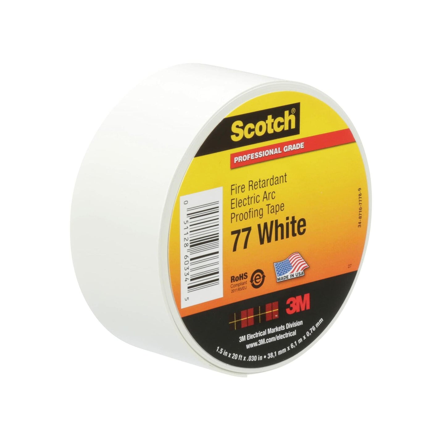3M Scotch Fire-Retardant Electric Arc Proofing Tape 77W, 1-1/2 in x 20 ft, 1 roll/carton, White/Gray