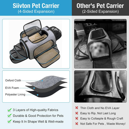 Siivton 4 Way Expandable Pet Carrier, Airline Approved Collapsible Cat Soft-Sided Carriers W/Removable Fleece Pad for Cats, Puppy, Small Dogs (18"x 11"x 11")