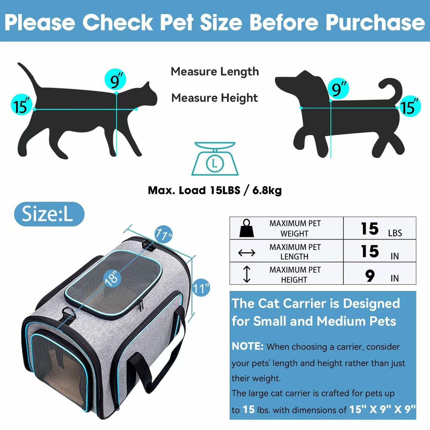 Siivton 4 Way Expandable Pet Carrier, Airline Approved Collapsible Cat Soft-Sided Carriers W/Removable Fleece Pad for Cats, Puppy, Small Dogs (18"x 11"x 11")