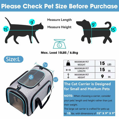 Siivton 4 Way Expandable Pet Carrier, Airline Approved Collapsible Cat Soft-Sided Carriers W/Removable Fleece Pad for Cats, Puppy, Small Dogs (18"x 11"x 11")