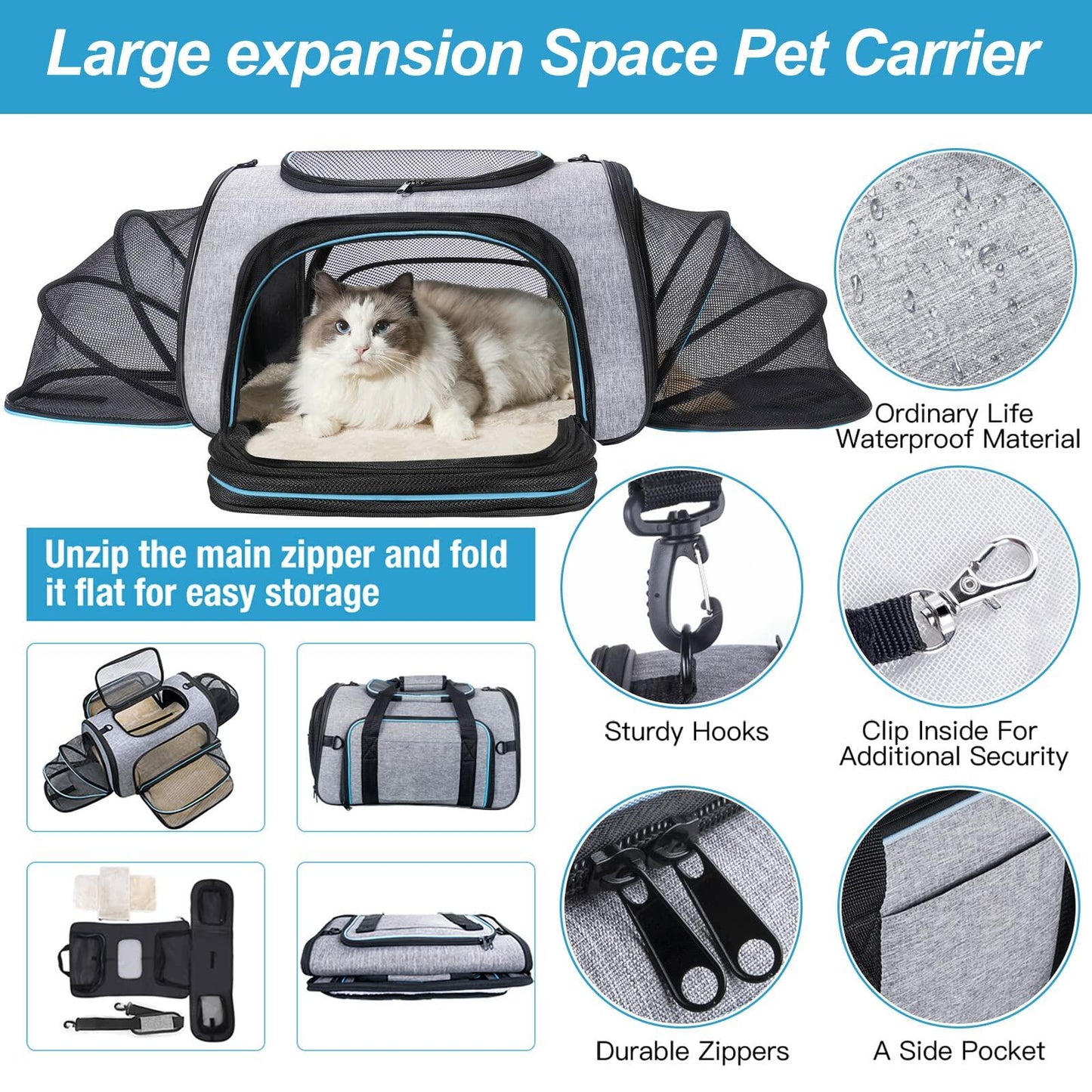 Siivton 4 Way Expandable Pet Carrier, Airline Approved Collapsible Cat Soft-Sided Carriers W/Removable Fleece Pad for Cats, Puppy, Small Dogs (18"x 11"x 11")