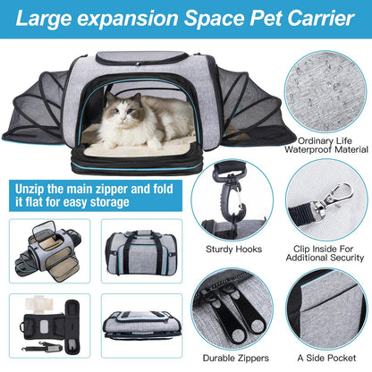 Siivton 4 Way Expandable Pet Carrier, Airline Approved Collapsible Cat Soft-Sided Carriers W/Removable Fleece Pad for Cats, Puppy, Small Dogs (18"x 11"x 11")