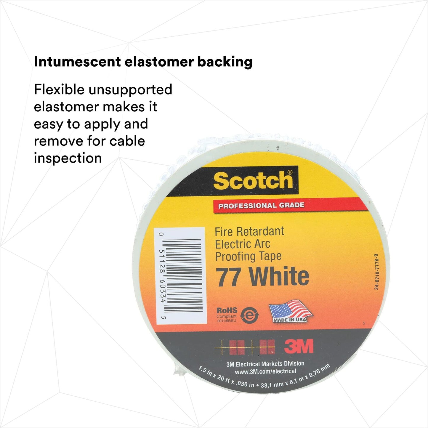 3M Scotch Fire-Retardant Electric Arc Proofing Tape 77W, 1-1/2 in x 20 ft, 1 roll/carton, White/Gray