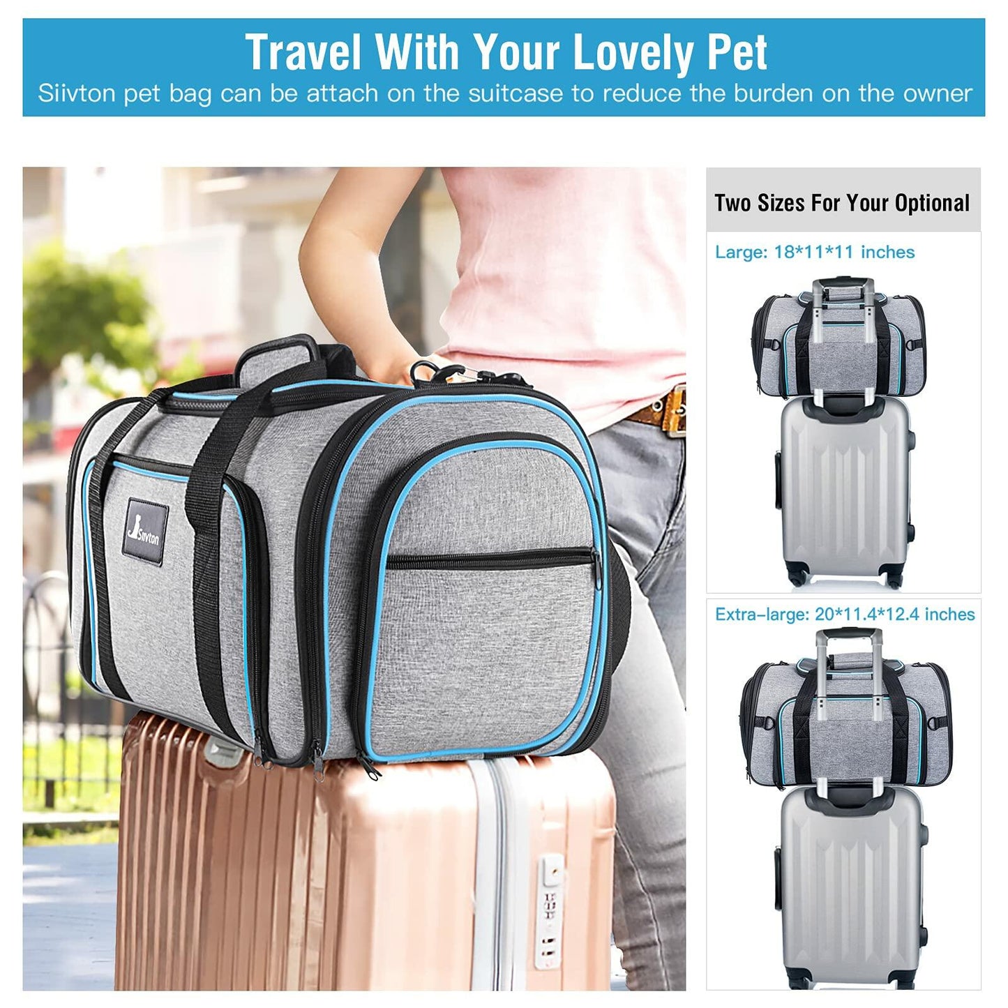 Siivton 4 Way Expandable Pet Carrier, Airline Approved Collapsible Cat Soft-Sided Carriers W/Removable Fleece Pad for Cats, Puppy, Small Dogs (18"x 11"x 11")