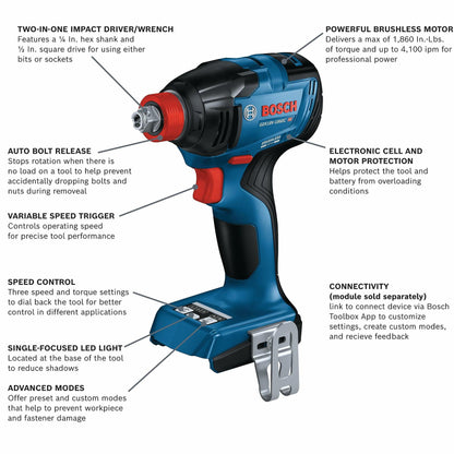 BOSCH GDX18V-1860CN 18V Connected-Ready Two-In-One 1/4 In. and 1/2 In. Bit/Socket Impact Driver/Wrench (Bare Tool), Black Blue