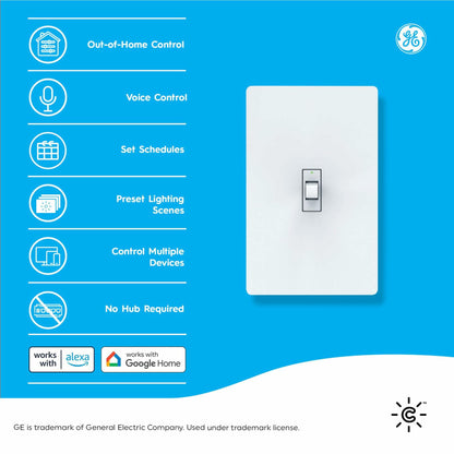 GE CYNC Smart Light Switch, Toggle Switch Style, No Neutral Wire Required, Bluetooth and 2.4 GHz WiFi 3-Wire Switch, Works with Amazon Alexa and Google Home, White (1 Pack)