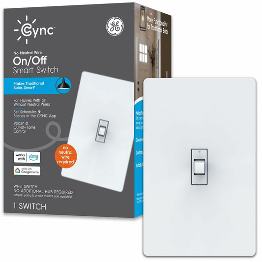 GE CYNC Smart Light Switch, Toggle Switch Style, No Neutral Wire Required, Bluetooth and 2.4 GHz WiFi 3-Wire Switch, Works with Amazon Alexa and Google Home, White (1 Pack)