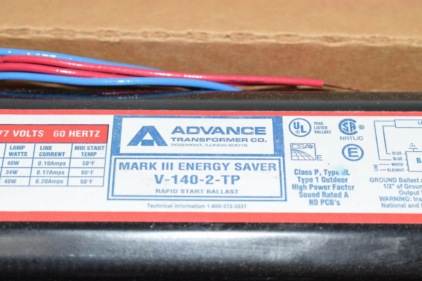 New Advance V-140-TP Mark III Ballast 277V 60Hz