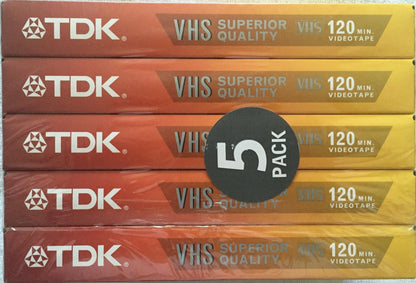 5 Pack TDK VHS Standard Grade T-120 Videotape 6 Hours EP Superior Quality