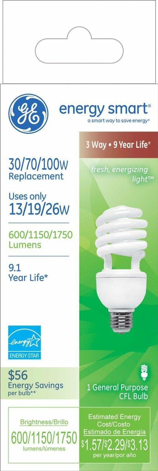 Pack of 3: GE 3 Way CFL Energy Smart Spiral Bulbs. 13/19/26W.