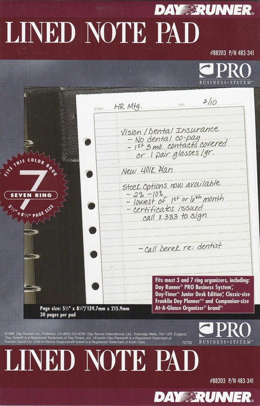 Day Runner Lined Notepad 5.5 x 8.5 Inches - 30 Sheets Per Pad (483-341)