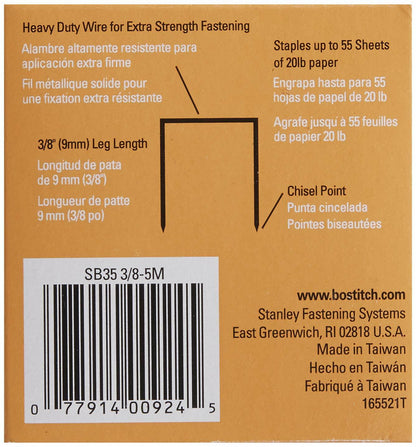Bostitch Heavy Duty Premium Staples, 25-55 Sheets, 0.375 Inch Leg, 5,000 Per Box (SB353/8-5M)