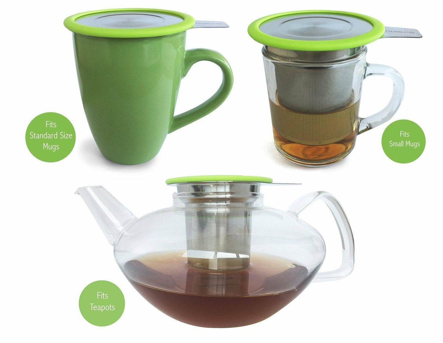 BetterBlend Tea Infuser Stainless Steel - Brew-in-Mug Tea Strainer for Loose Leaf Tea - Fine Tea Filter for Single Mug and Teapot with Silicone Rimmed Lid