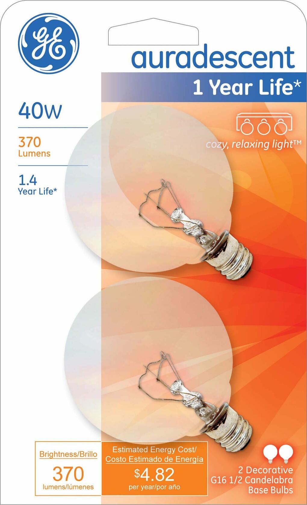 GE Lighting 23511 40-Watt 370-Lumen Decorative G16.5 Incandescent Light Bulb, Auradescent, 2-Pack