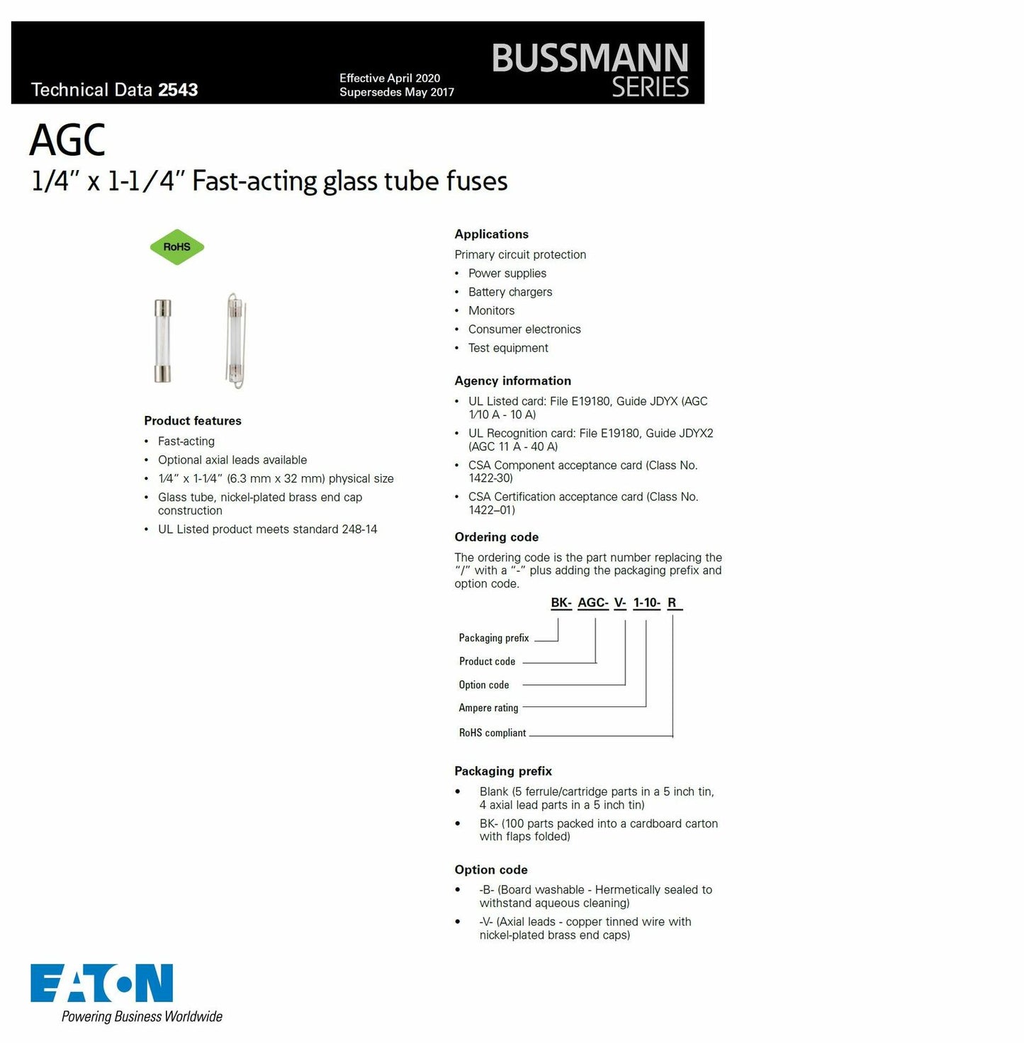 Bussmann AGC-3/4 AGC Series Fuse, Fast Acting, 3/4 Amp, 250V, Glass Tube, 1/4" x 1-1/4" (Pack of 5)